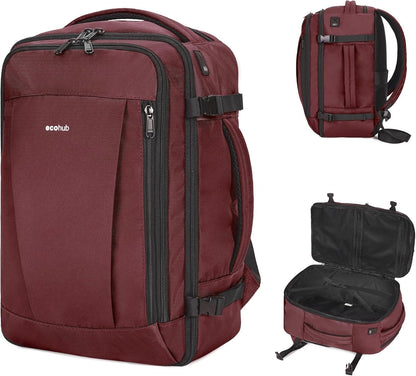 ECOHUB 16'' Travel Backpack Underseat Carry on Backpack Personal Item Travel Bag Airplane with 13 Pockets Carry on Luggage Water Bottle Holder USB Charging Port Casual Daypack for Women Men Red