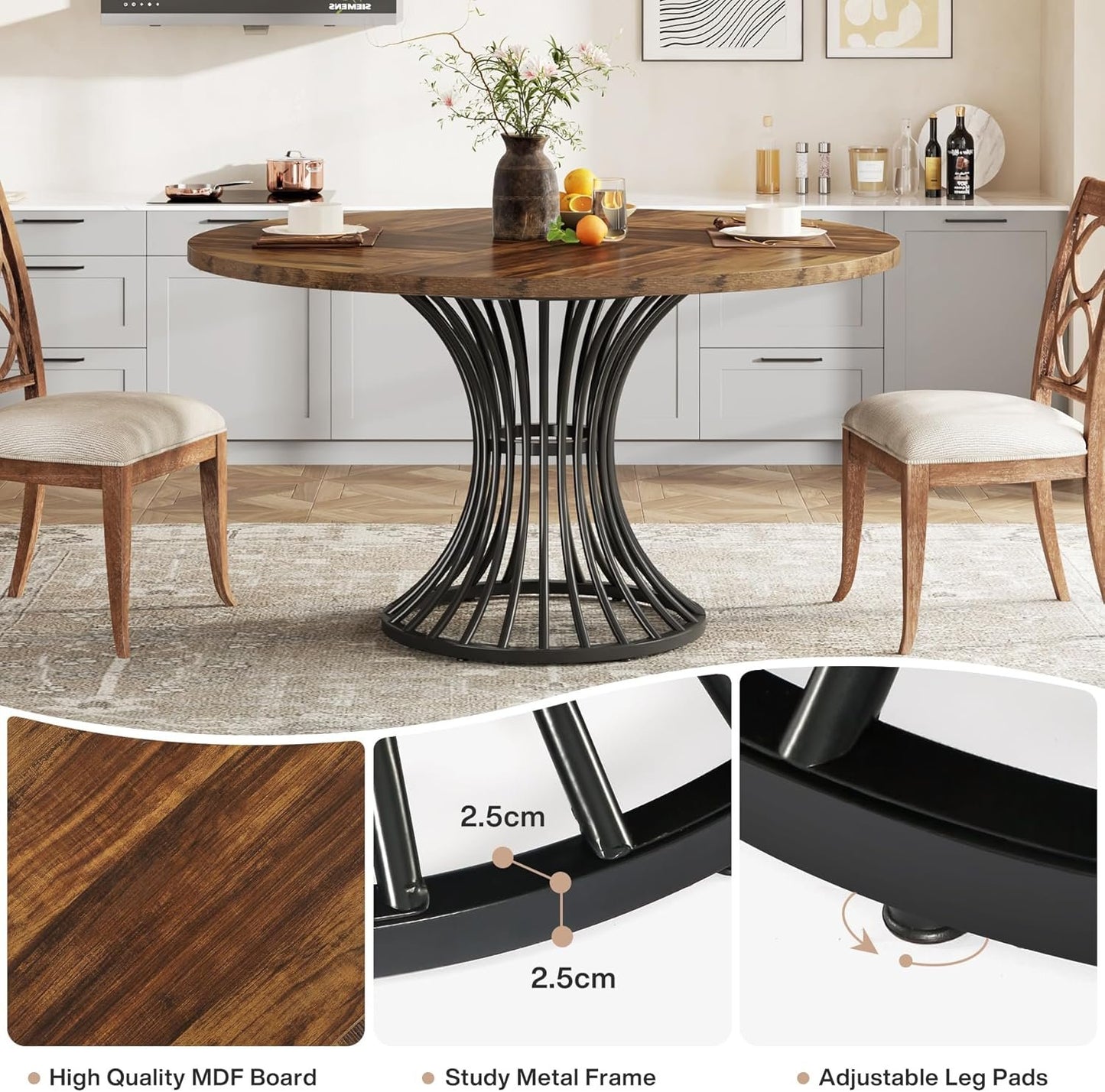 Tribesigns Round Dining Table for 4-6 People, 47-Inch Farmhouse Dinning Room Table Circle Kitchen Table, Industrial Dinner Table with Metal Base for Kitchen, Living Room, Rustic Brown