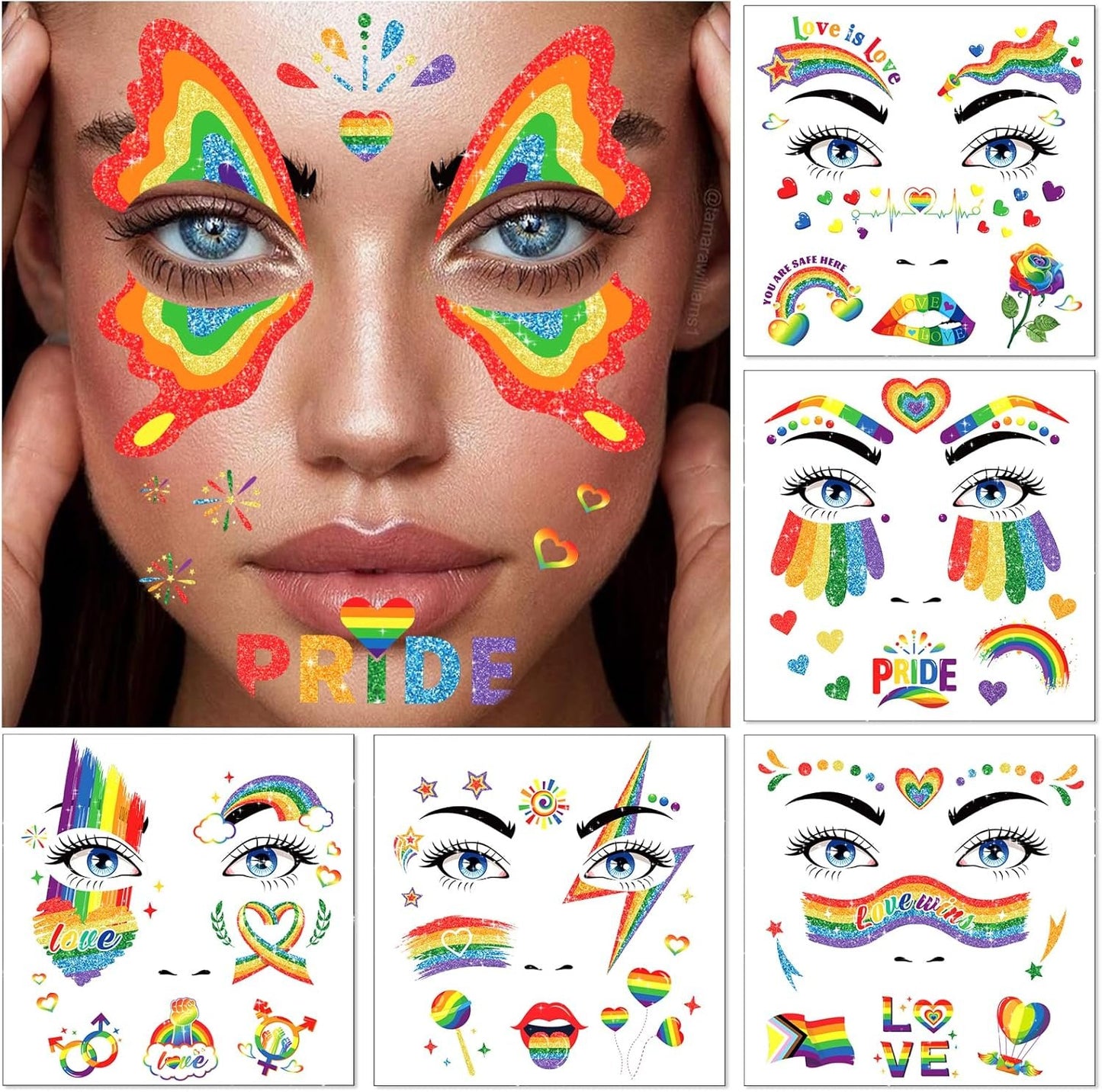 DPKOW Glitter Rainbow Face Tattoos LGBT Pride Temporary Tattoos for Pride Accessories, 12 Sheets Rainbow Flag Butterfly Heart Tattoo Stickers LGBT Gay Pride Makeup Accessories for LGBT Face Body Art