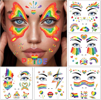 DPKOW Glitter Rainbow Face Tattoos LGBT Pride Temporary Tattoos for Pride Accessories, 12 Sheets Rainbow Flag Butterfly Heart Tattoo Stickers LGBT Gay Pride Makeup Accessories for LGBT Face Body Art