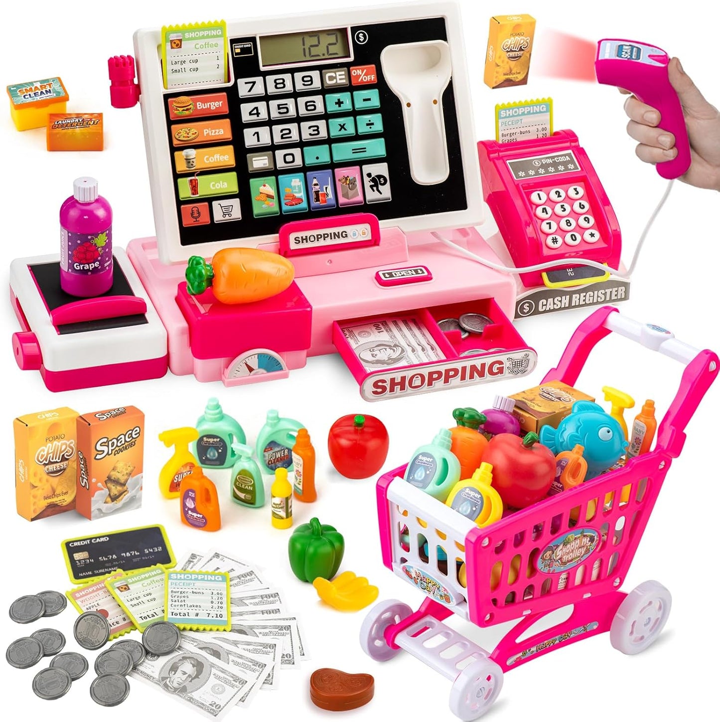 Interactive Kids Cash Register Toy - Educational Pretend Play Store Set with Shopping Cart, Includes Music, Real Calculator & Scanner - Ideal Birthday Gift for Girls & Boys Ages 3-8 (Red-Pink)