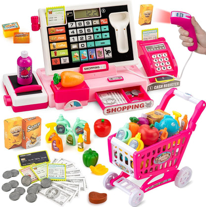 Interactive Kids Cash Register Toy - Educational Pretend Play Store Set with Shopping Cart, Includes Music, Real Calculator & Scanner - Ideal Birthday Gift for Girls & Boys Ages 3-8 (Red-Pink)