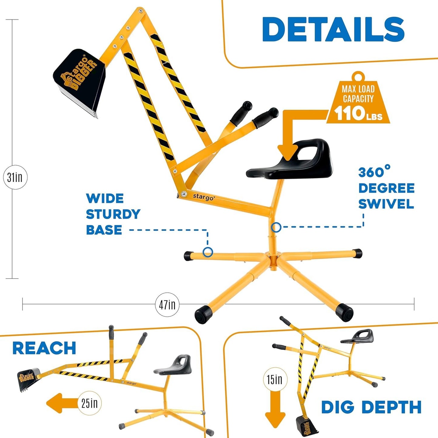 Stargo Sand Digger Kids Excavator Ride on Toy, Solid Steel Rotates 360, Hard Hat for Role Play, Outdoor Sandbox Toy Digger for Kids, Sand Dirt Snow