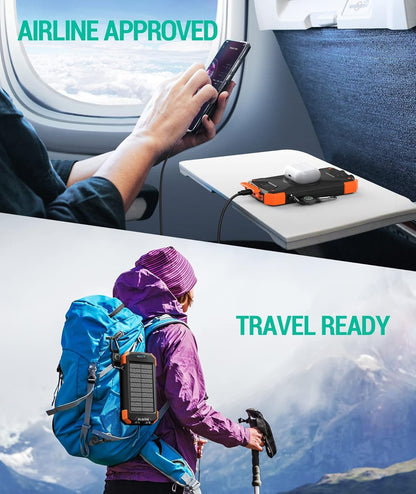 Solar Power Bank, Qi Portable Charger 10,000mAh External Battery Pack Type C Input Port Dual Flashlight, Compass (IPX4 Splashproof, Dustproof, Shockproof, Solar Panel Charging, DC5V/2.1A Input)