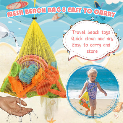 Sand Beach Toys for Kids, 3PCS Collapsible Sand Bucket, Shovel Set, Animal Molds with Big Mesh Bag, Travel Toys forToddlers Boys Girls Outdoor Beach Play Camping Bath Pool Water Play-14PCS