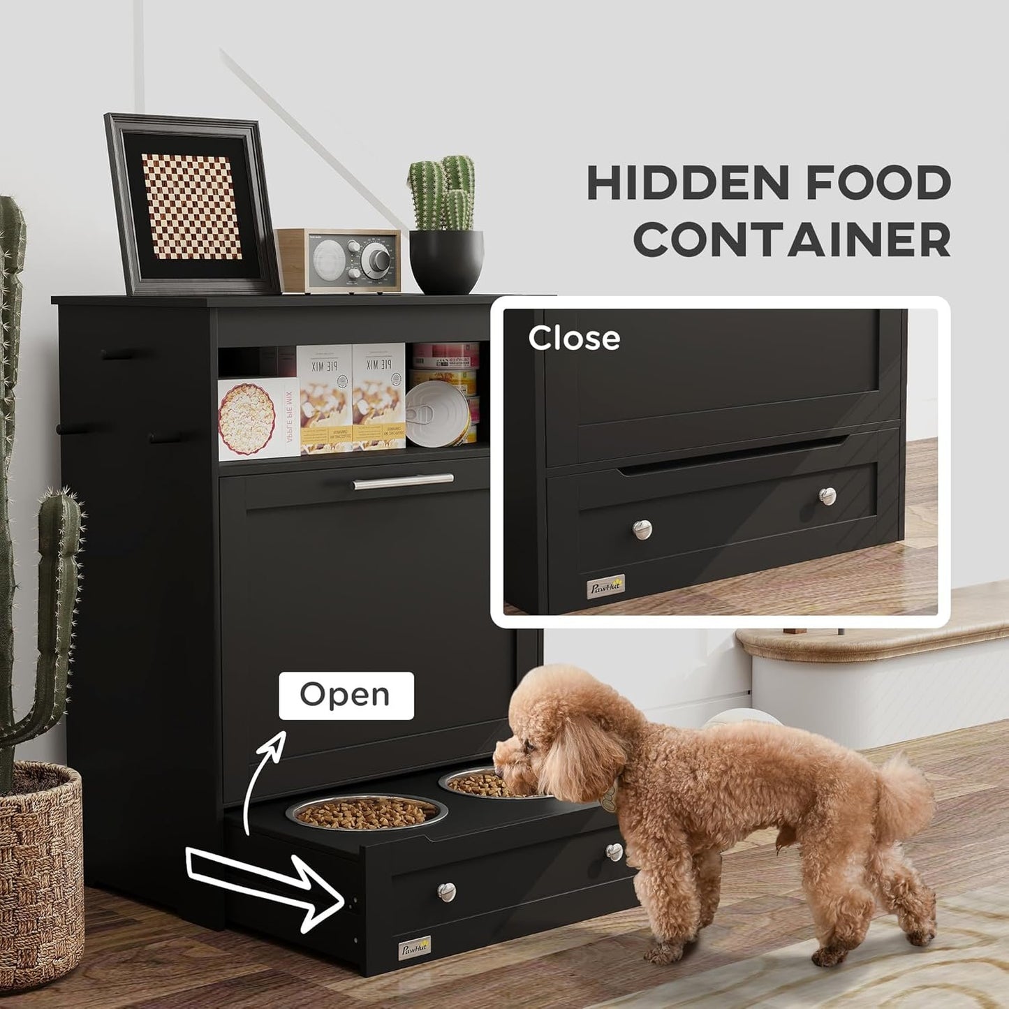 PawHut Cat Dog Feeding Station, Dog Food Storage Cabinet, Pet Feeder Container with Raised Bowls and Hanger for Feeding & Watering Supplies, Black