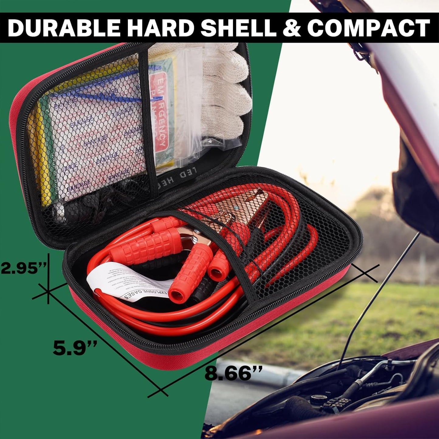 Roadside Assistance Emergency Kit Multipurpose Bag Car Premium with Battery Jumper Cable Kit for Car, Vehicle, Truck or SUV for Men or Women, Red