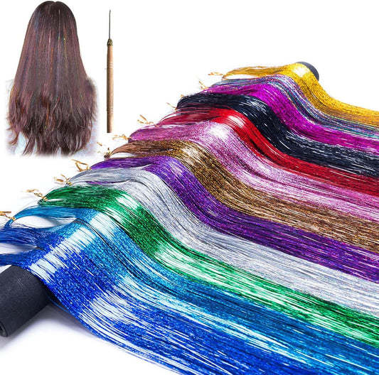 Wondsea 1800pcs Tinsel Hair Extension Kit Colorful Hair Extensions 12 Colors Tinsel Hair Extensions 120cm with Tools for Braiding Hair Bundles for Women Girls Kids Party Accessories