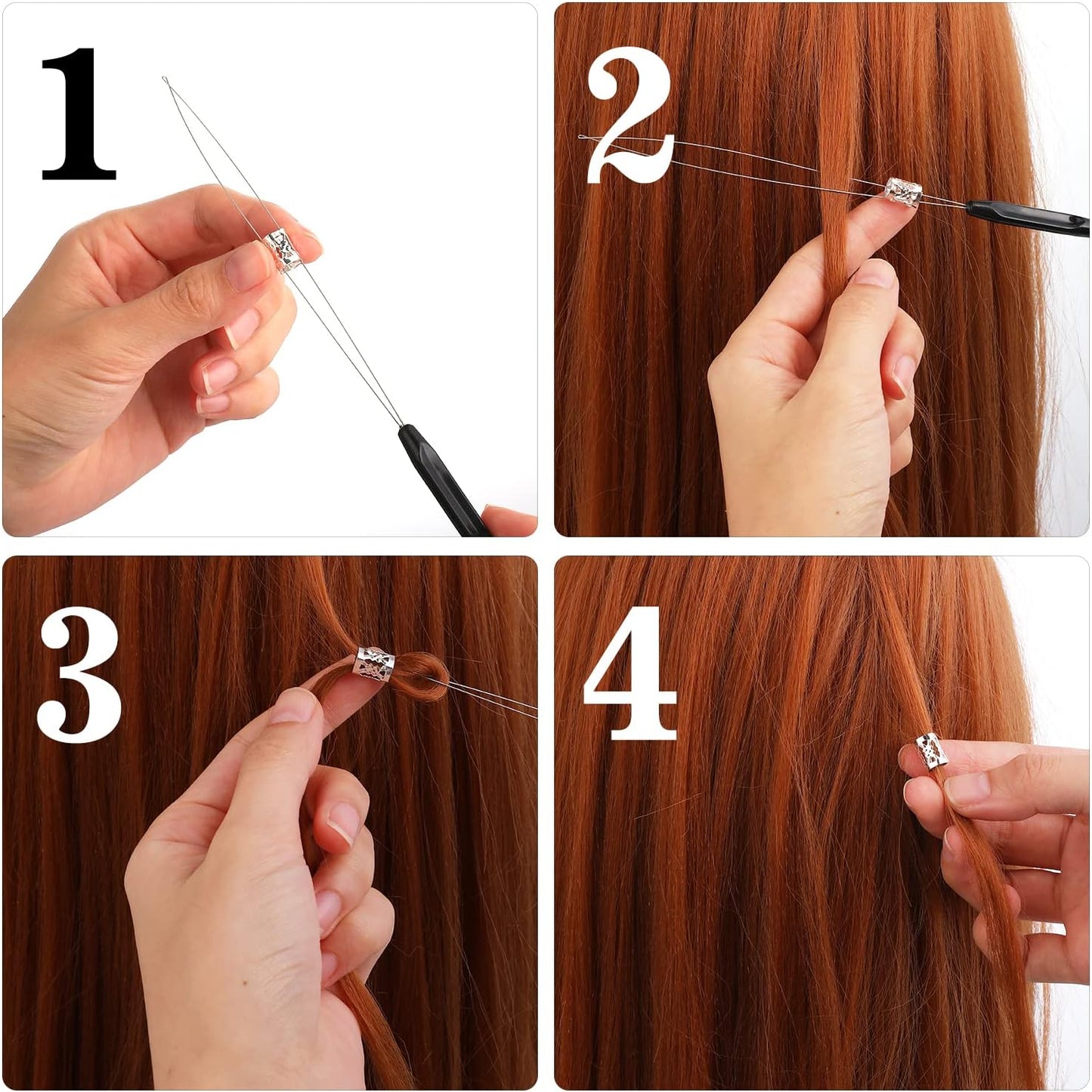 WLLHYF 10 Pieces Hair Extensions, Needle Threader for Hair Pulling, Hair Extension Tools, Micro Rings, Nano Beads, Hair Styling Accessories and Feathers (Black)