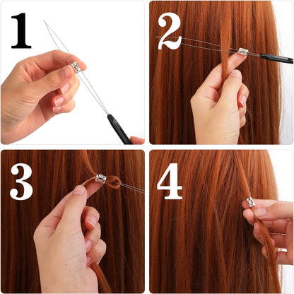 WLLHYF 10 Pieces Hair Extensions, Needle Threader for Hair Pulling, Hair Extension Tools, Micro Rings, Nano Beads, Hair Styling Accessories and Feathers (Black)