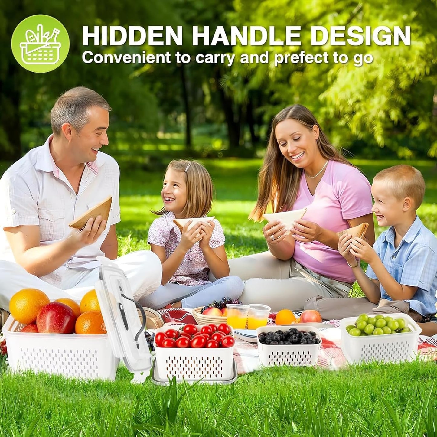 Fruit Storage Containers For Fridge, 5 Pack Leakproof Food Storage Containers with Removable Colander & Microwave Safe Fridge Organizer, Multi-Size Capacity with Lid & Colander for Home Kitchen