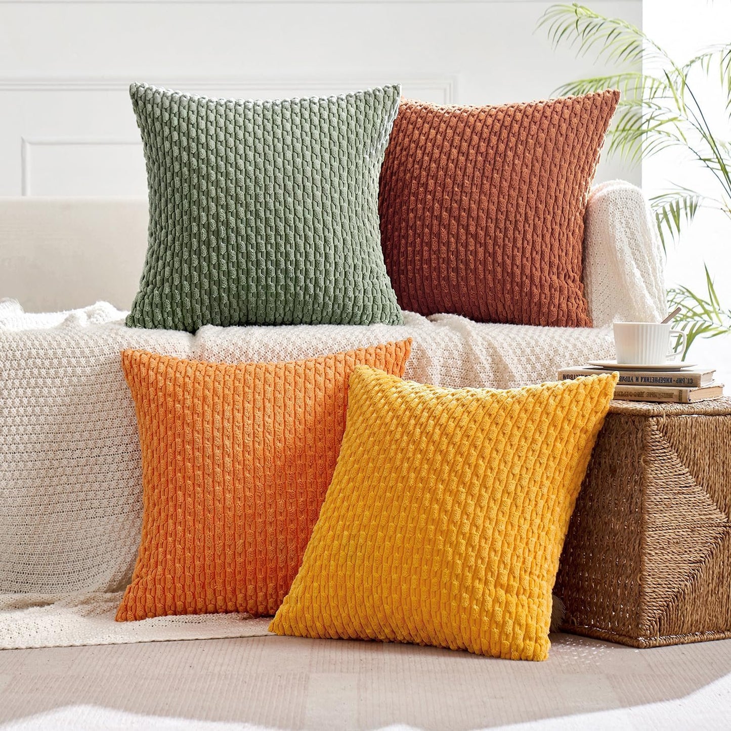 MIULEE Pack of 4 Rust-Sage Green Throw Pillow Covers 18x18 Inch Soft Corduroy Decorative Boho Striped Pillow Covers Pillowcases Modern Farmhouse Home Decor for Couch Bed Sofa Living Room