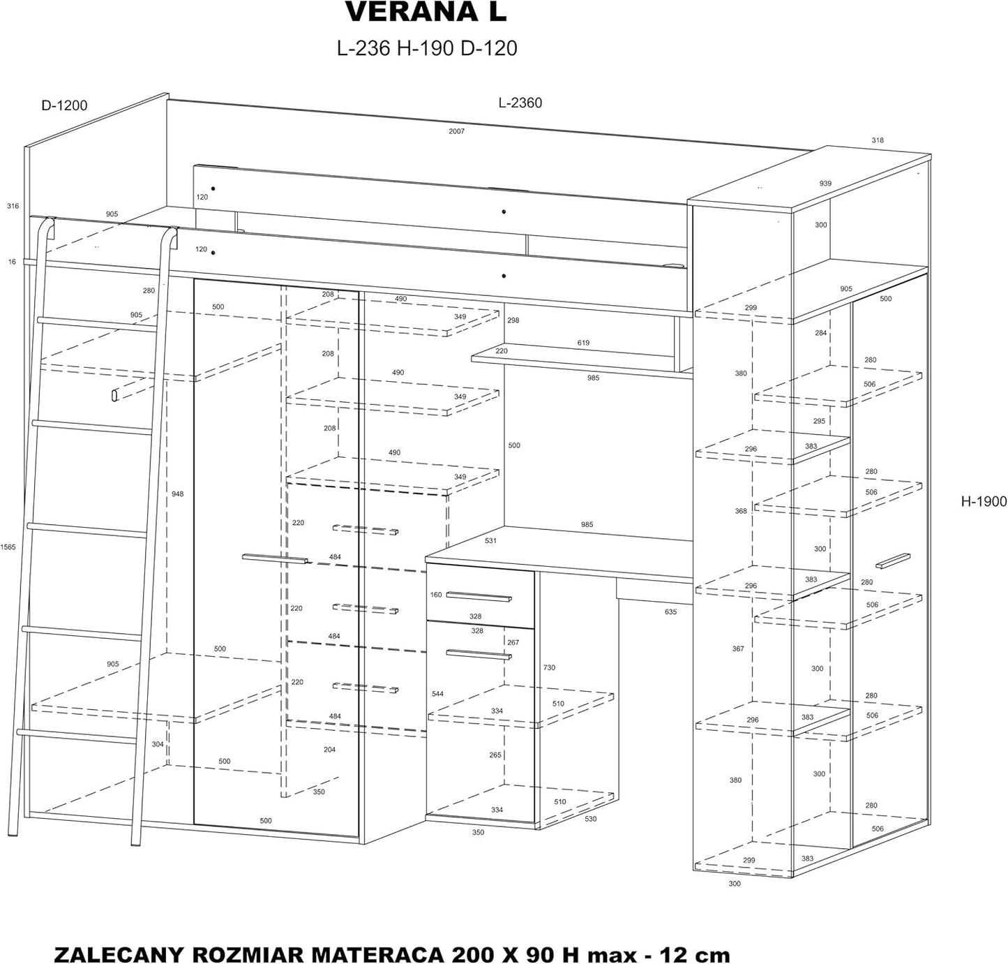 BIM Furniture - Entresole Verana L Loft Bed, 190 x 90 cm, with Stairs, Wardrobe, Shelves, Children's Furniture, Left Side