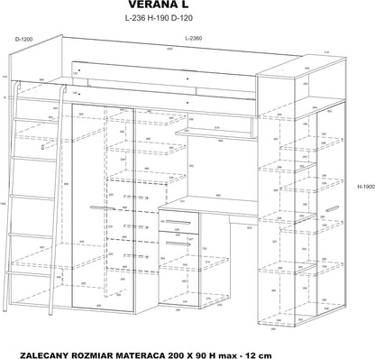 BIM Furniture - Entresole Verana L Loft Bed, 190 x 90 cm, with Stairs, Wardrobe, Shelves, Children's Furniture, Left Side