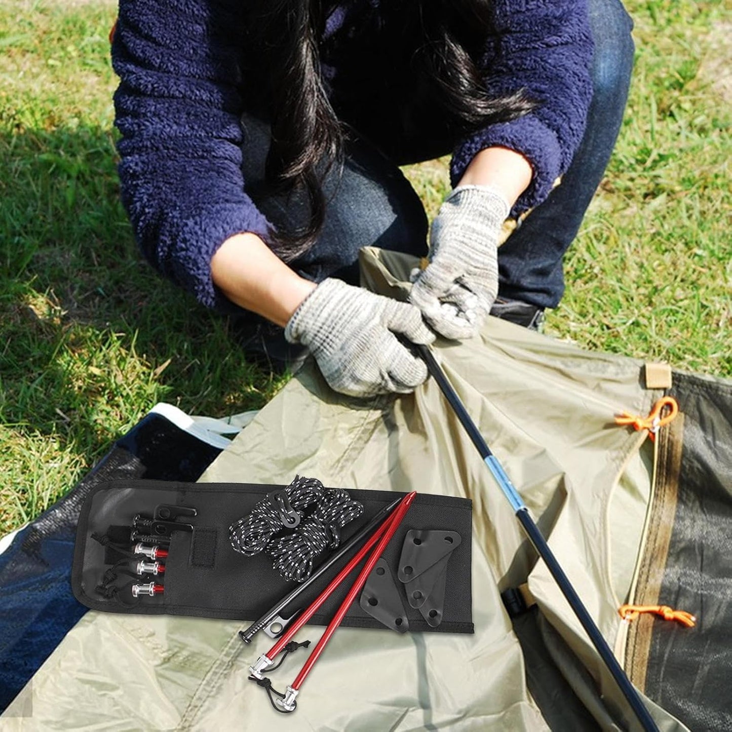Tent Stake Bag, Camping Stakes Sleeve, 11.22x5.12 Inches Portable Tool Pouch with Hammer Pocket Nails, Outdoor Camp Gear for Travel, Backpacking, Hunting Material Oxford Cloth