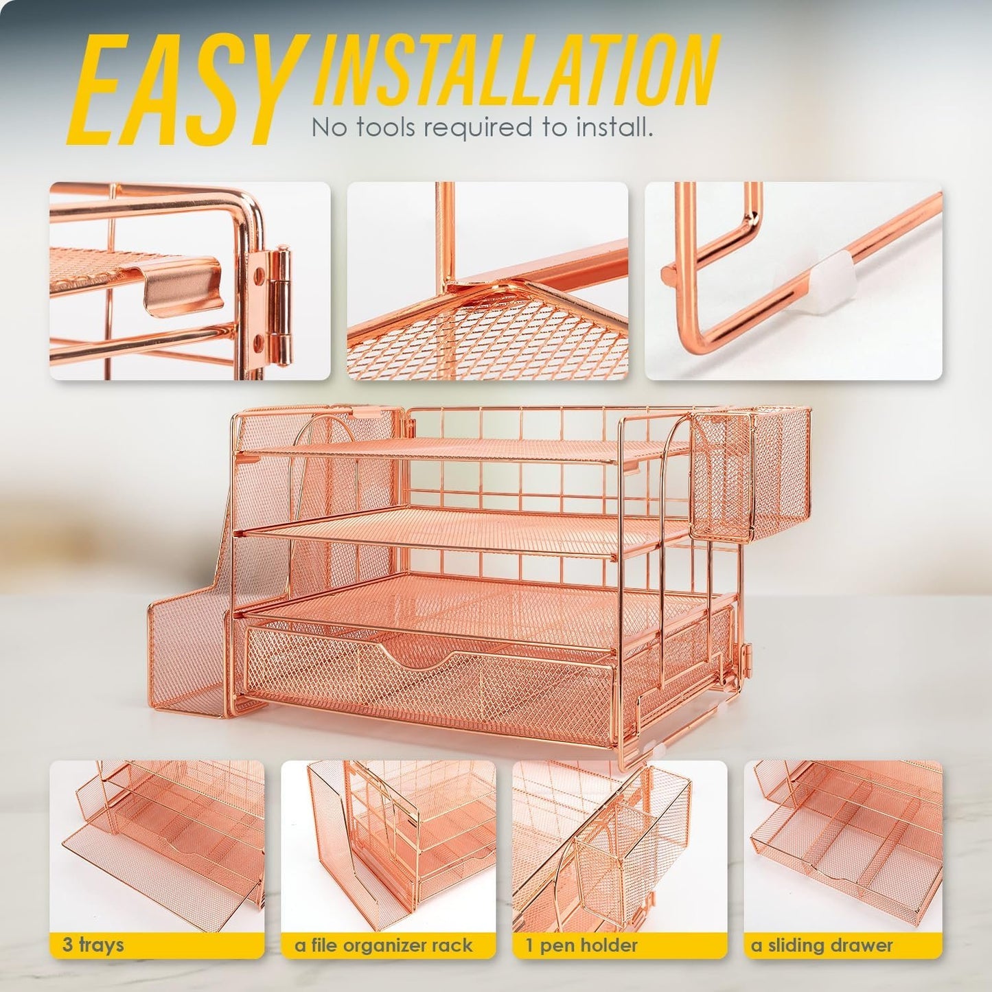 Soilsiu Desk Organizer, Office Desk Accessoreis with Drawer, 4-Tier Dorm Room Essentials for College Students, Pen Holders, Office Supplies Paper File Organizer for Desk, Rose Gold