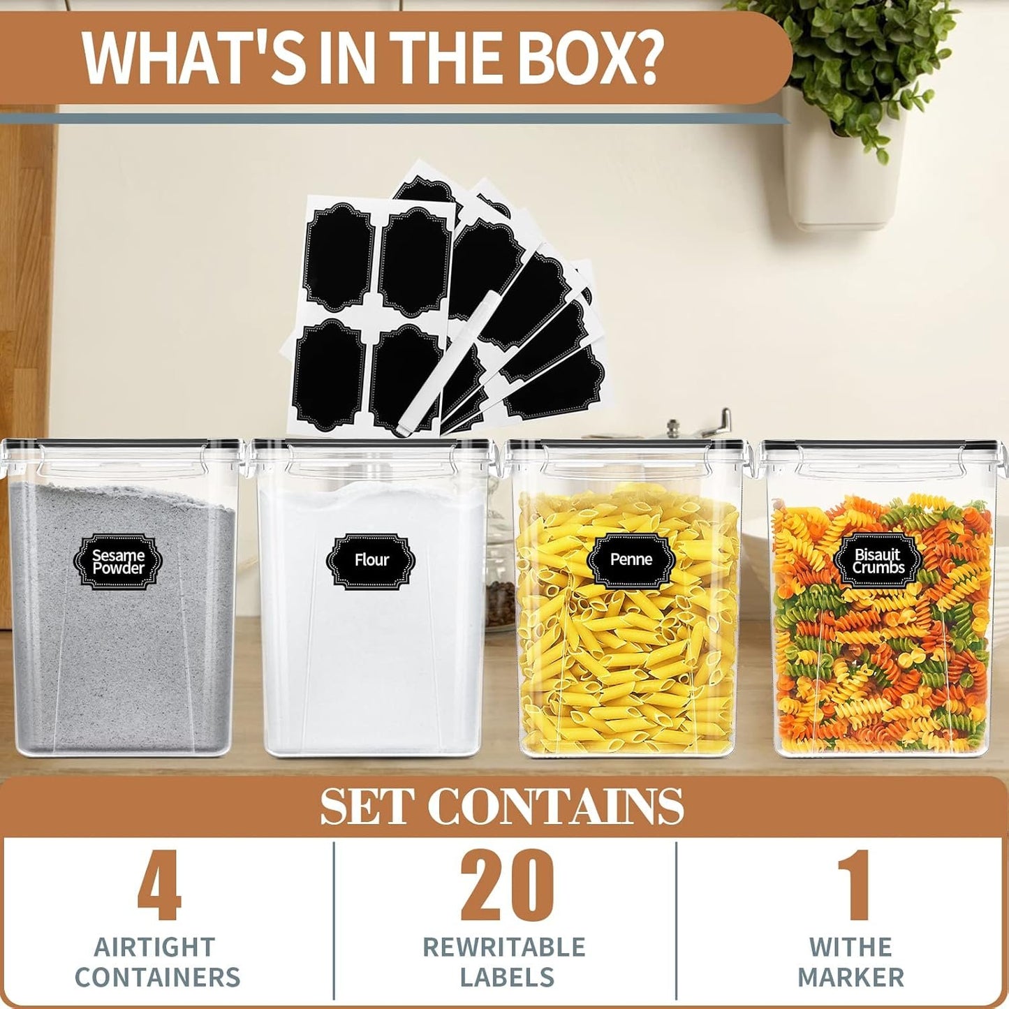 Large Tall Airtight Food Storage Containers with Lids, 4 PCS 5.2L, Kitchen Pantry organizers and storage, PRAKI Kitchen Storage Containers Set for Cereal, Flour & Baking Supplies with Labels & Marker