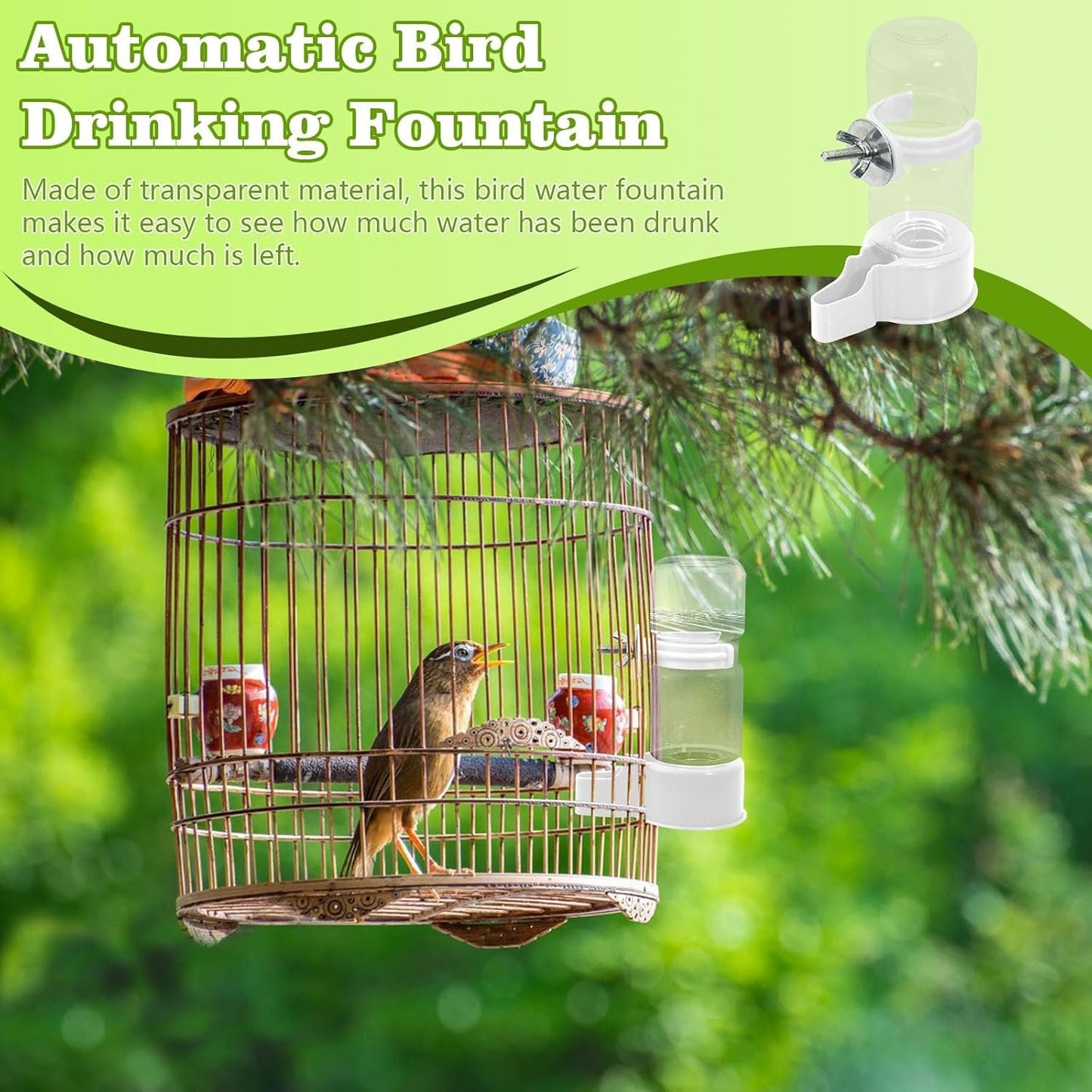 BELEFU Automatic Bird Water Dispenser, 4.7 Oz Plastic Suspended Bird Waterer, No Mess Parakeet Water Feeder for Cage Feeding Parrot Cockatiel Budgie (White)