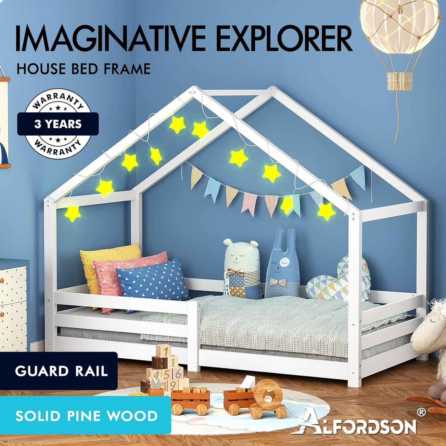 ALFORDSON Kids Bed Frame Wooden Timber House Frame Single Size Mattress Base Platform, Pine Wood Bed Base Foundation Children's Beds, Nellie Series Bedroom Furniture in White Colour