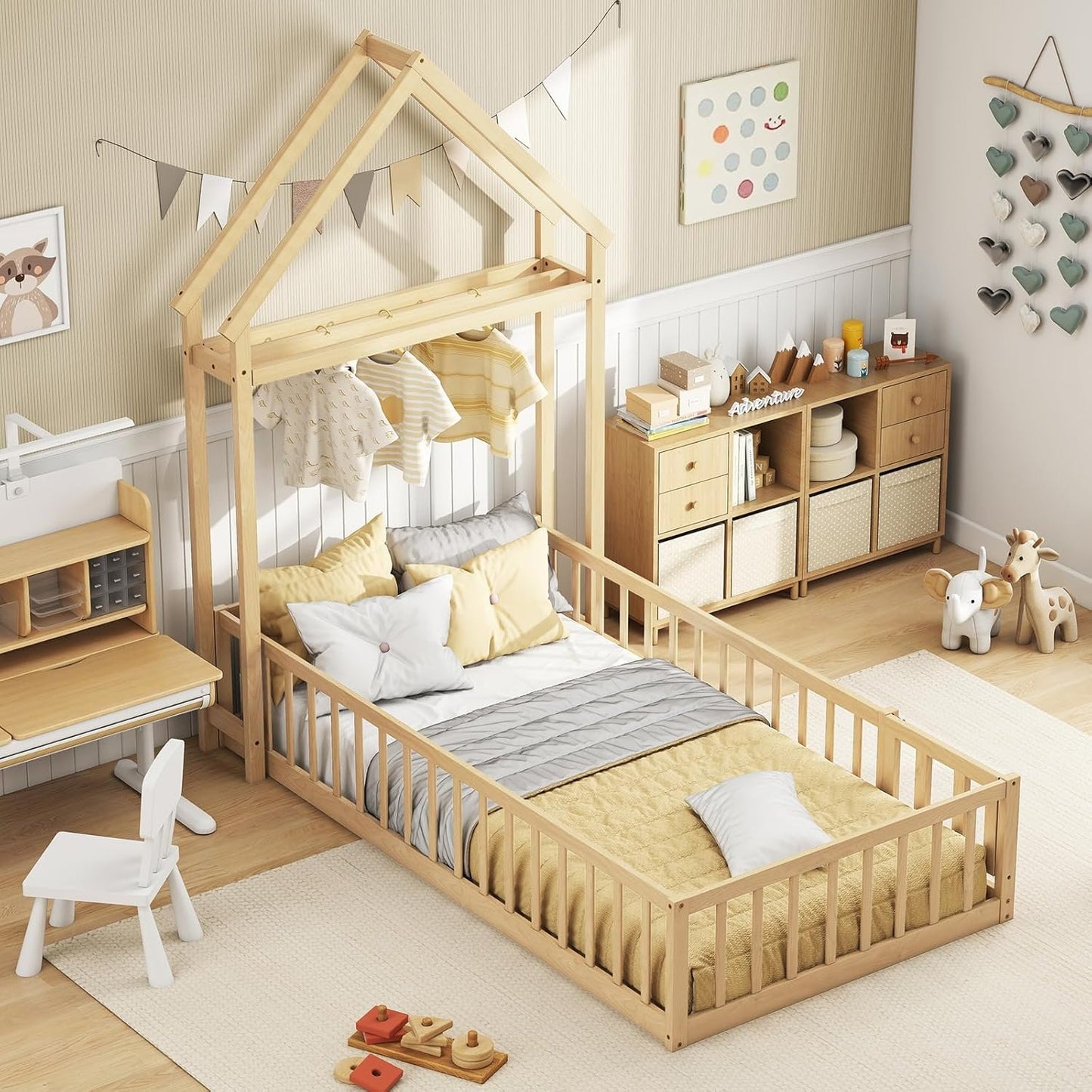 KOMFOTT Twin Size Floor Bed with House-Shaped Headboard, Kids Montessori Floor Bed with Detachable Clothes Hanger, Full Length Safety Guardrails, Door & Latch, Solid Wood Floor Bed Frame