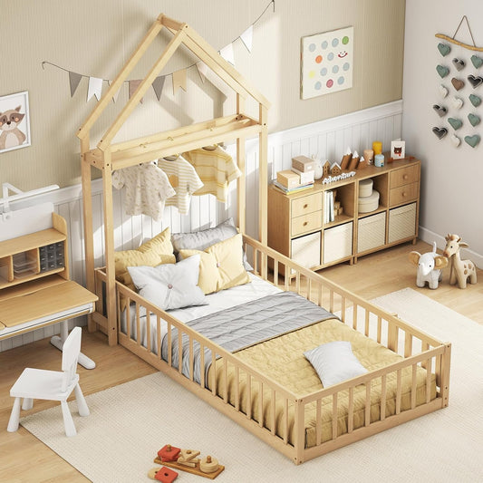 KOMFOTT Twin Size Floor Bed with House-Shaped Headboard, Kids Montessori Floor Bed with Detachable Clothes Hanger, Full Length Safety Guardrails, Door & Latch, Solid Wood Floor Bed Frame
