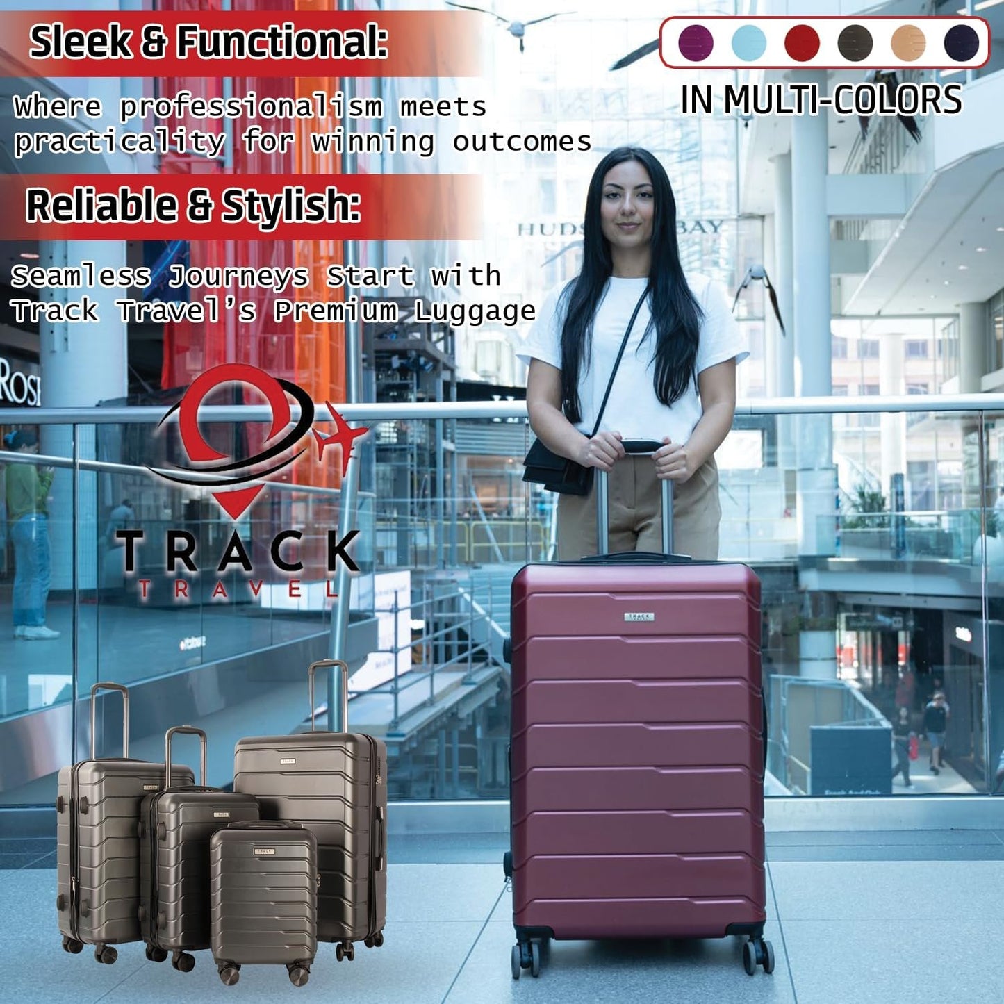 TRACK TRAVEL 4 Piece Luggage Set ABS+PC Expandable Hardshell TSA Lock Aluminum Trolley Spinner Wheels (Dark Grey, 4 Piece Set)