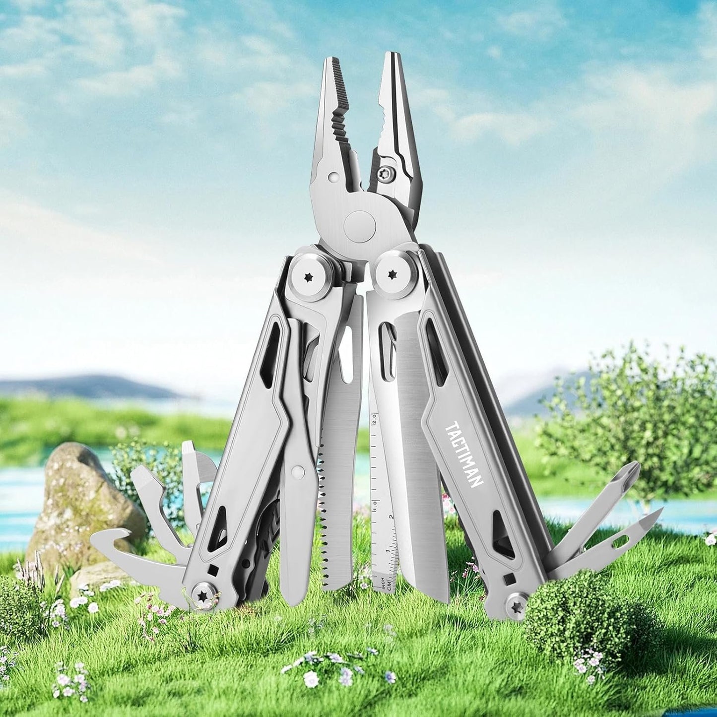 TACTIMAN Multitool Pliers Pocket Knife Camping Hiking Gear Multitool Knife 16-in-1 Multi Tool Saw Scissors Wire Cutter Stripper Screwdrivers Bottle Can Opener Tool Gifts for Men for Camping Hiking EDC
