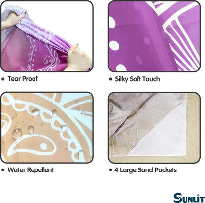 Sunlit Silky Soft Boho Sand Proof Beach Blanket Sand Proof Mat with Corner Pockets and Mesh Bag 6' x 7' for Beach Party, Travel, Camping and Outdoor Music Festival, Orange Purple Mandala