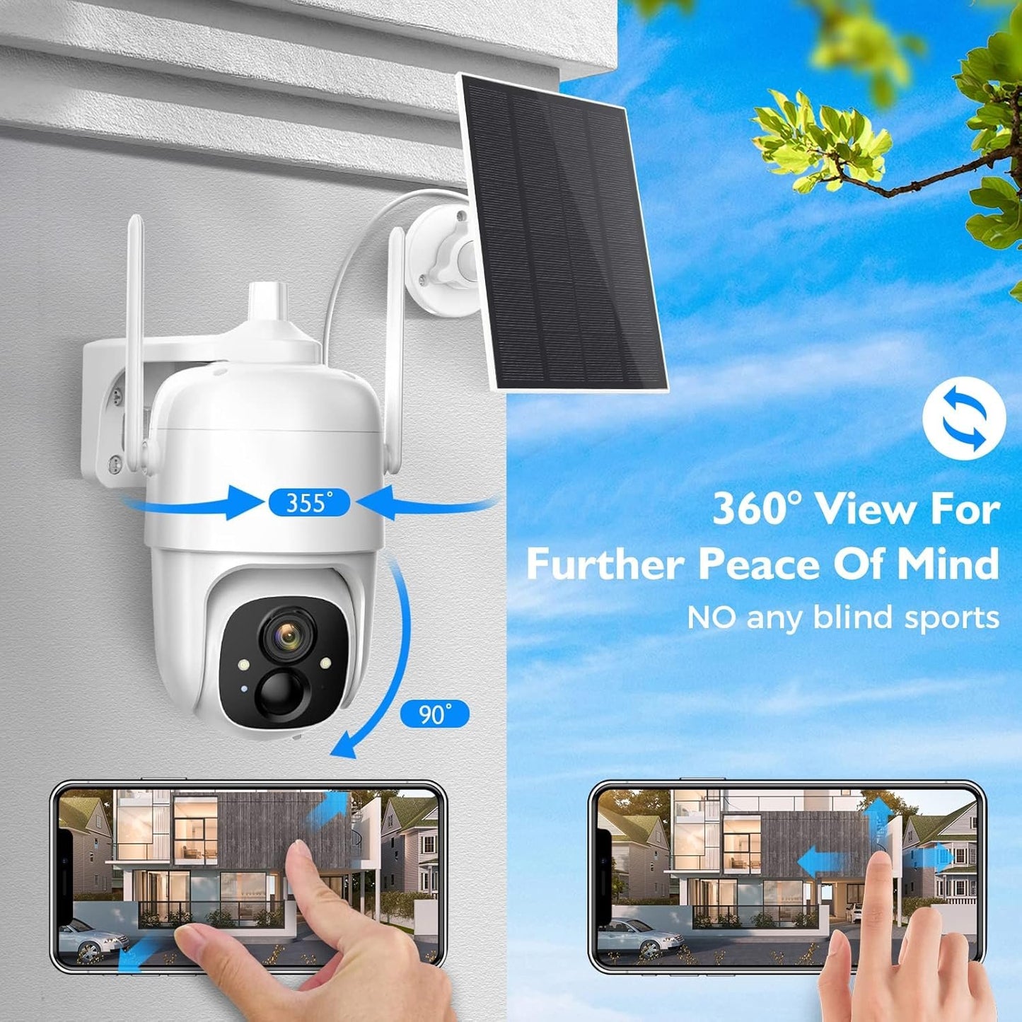 Solar Security Cameras Wireless Outdoor, 2K 3MP Pan Tilt 355° View IP65 Waterproof Rechargeable Battery Powered PTZ WiFi Camera with PIR, Color Night Vision,2-Way Talk,Cloud/SD
