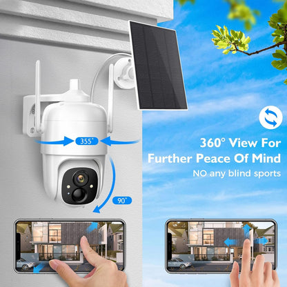 Solar Security Cameras Wireless Outdoor, 2K 3MP Pan Tilt 355° View IP65 Waterproof Rechargeable Battery Powered PTZ WiFi Camera with PIR, Color Night Vision,2-Way Talk,Cloud/SD