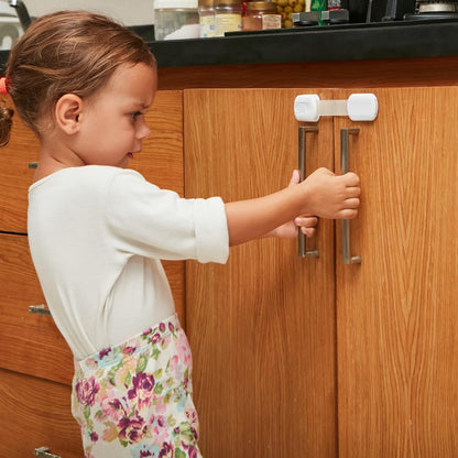 Child Safety Locks -VALUE PACK (10 Straps)- No Tools or Drilling -Adjustable Size/Flexible -Adhesive Furniture Latches For Cabinets, Drawers, Appliances, Toilet Seat, Fridge, Oven & More (White/White)