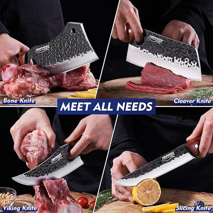 4PCS Meat Cleaver Set -Heavy Duty Bone Chopper & Meat Cleaver & Viking Knife & Slicing Knife, Chef Knives Set for Home Kitchen,Camping, BBQ Knives Gift for Men