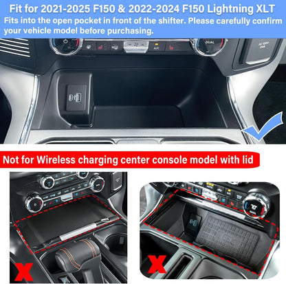 Center Console Compartment Cover for Ford F150 Accessories 2021-2024 2025/Lightning XLT 2022-2024 Interior Hidden Panel Secret Pocket Lid USB Hole (Fits into The Open Pocket in Front of The Shifter)