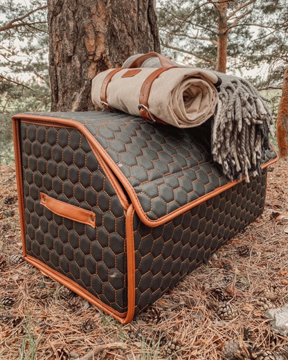 Owleys Foldable Trunk Organizer For Car - Trunk Organizers Car Storage - Collapsible Auto Trunk Organizer With Lid - Small Cargo Organizer - Trunk Organization (17.7 inch, Hexy)