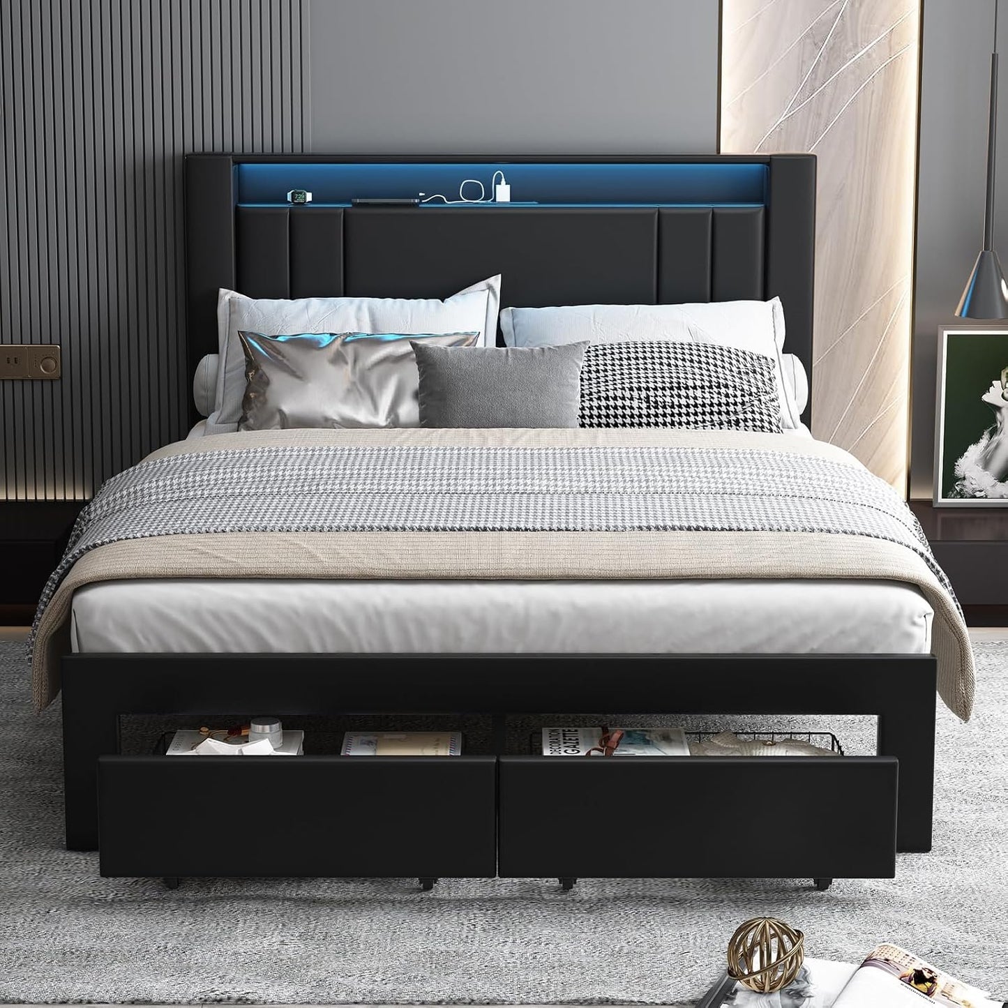 Upholstered Queen Bed Frame with LED Lights Leather Platform Bed with Storage Drawers and Charging Station, LED Bed Frame,No Box Spring Needed,Noise-Free (Black Leather, Queen (U.S. Standard))