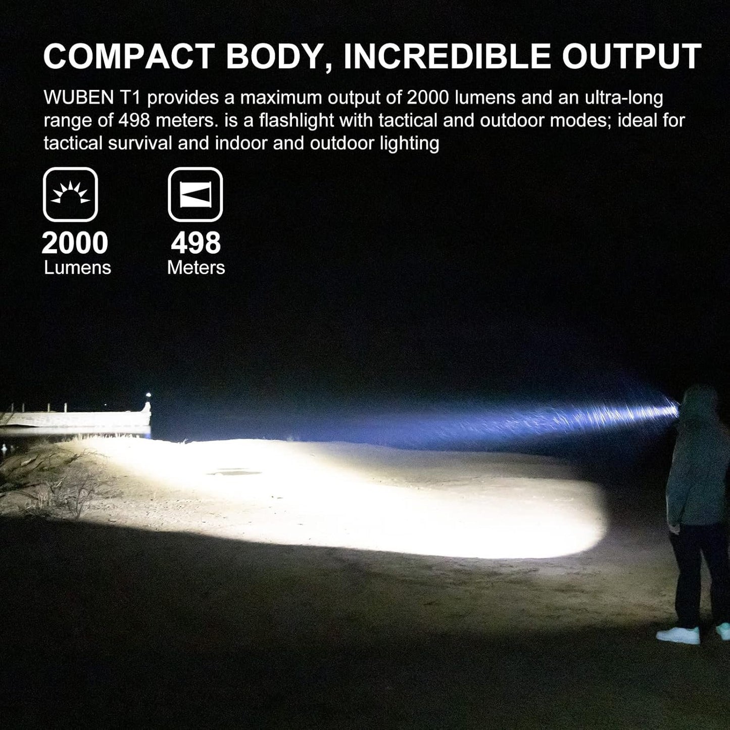 WUBEN T1 Rechargeable Tactical Flashlight 2000 Lumens, Super Bright LED Flashlights with Tactical Mode and Outdoor Mode, IP68 Waterproof Flashlights for Tactical Gear, Emergencies, Camping