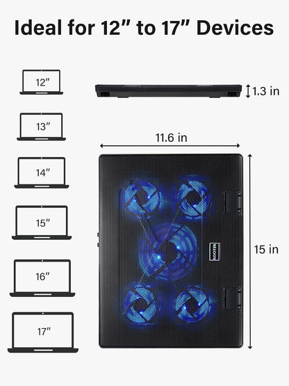 Kootek Laptop Cooling Pad 12-17 Cooler Pad Chill Mat 5 Quiet Fans LED Lights and 2 USB 2.0 Ports Adjustable Mounts Laptop Stand Height Angle