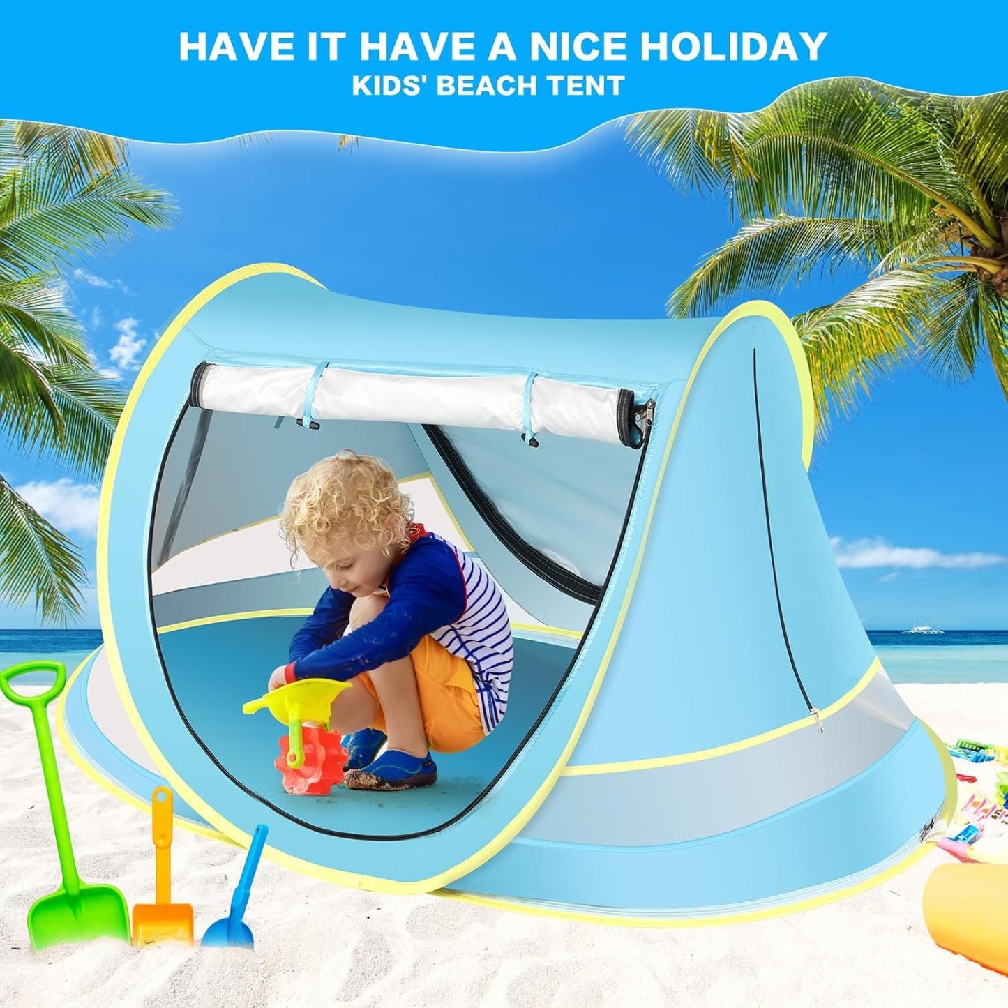 Wilhiker Baby Beach Tent Pop Up: Blue Pop Up Tent with Sun Hat - Kids Sun Tent Portable Uv Protection Tent Baby - Beach Tent for Outdoor Travel Folding Toddler Camping Accessories Sun Shade