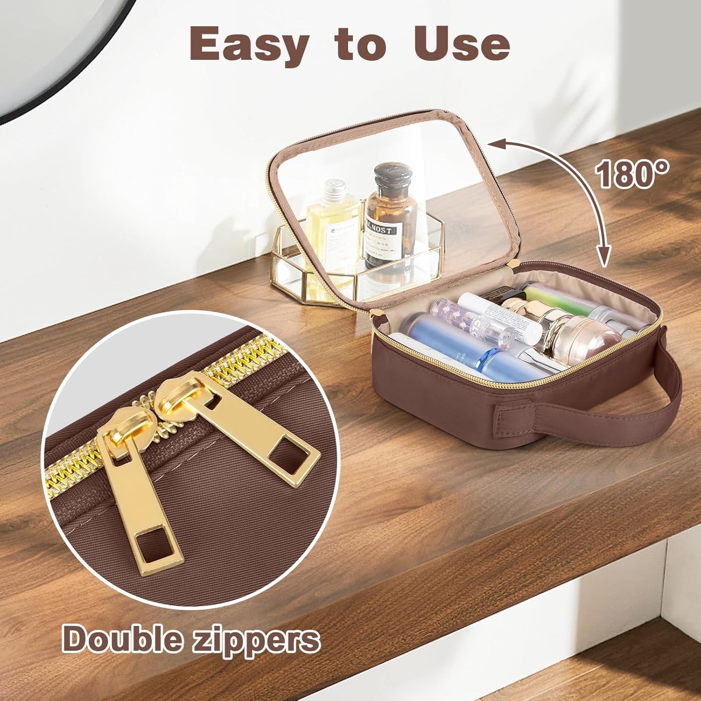 TSA Approved Toiletry Bag, Clear Makeup Bags with Handles, Quart Size PVC Clear Cosmetic Bags for Women and Men, Carry on Airport Airline Compliant Bag, Brown