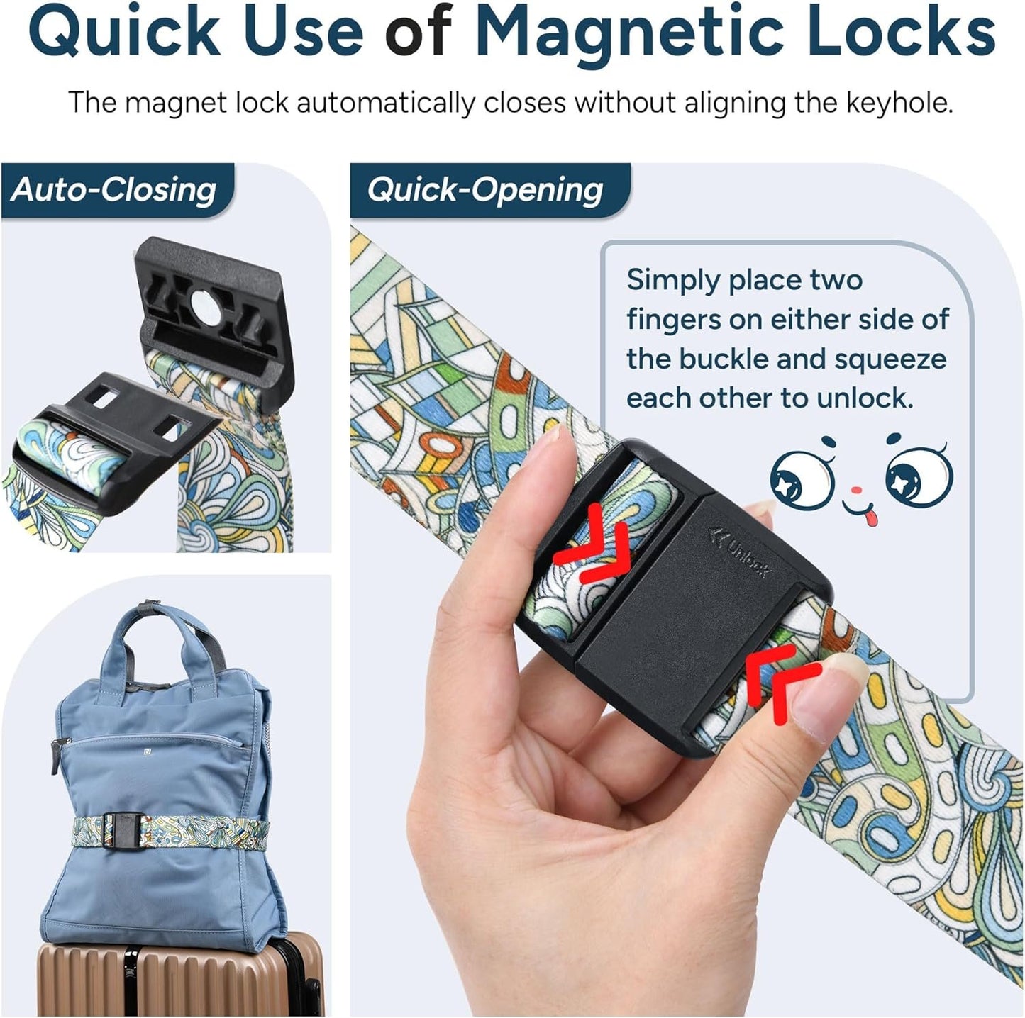 travel inspira Magnetic Quick Release Buckle Replacement - Add a Bag Luggage Strap for Carry On Bag - Airport Travel Accessories for Women & Men (34-46 in./88-116cm) - Rose Window