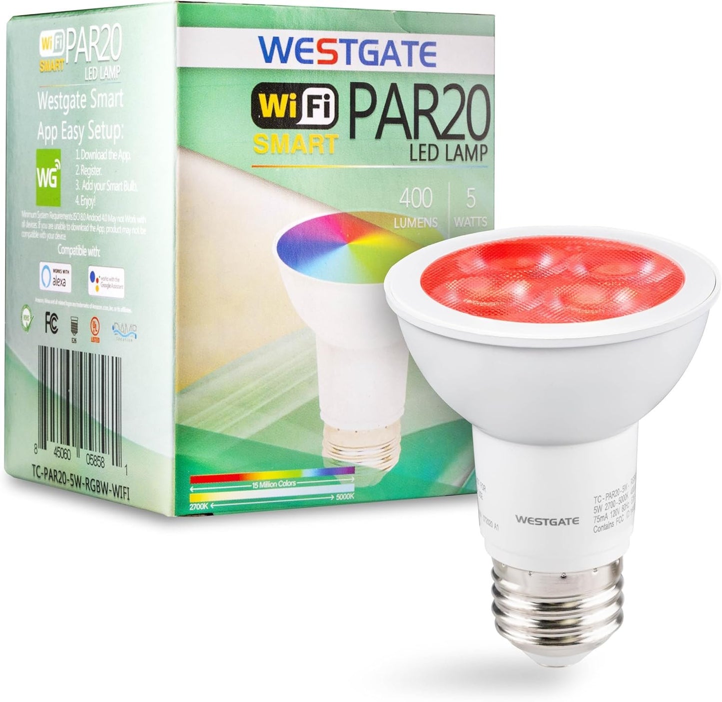 Westgate TC-PAR20-5W-RGBW-WIFI, Smart Lamps, 5W, RGBW PAR20 LED Bulbs, E26 LED, Color Changing Bulb, RGB Lights, Track Lighting, Spot Lights Indoor, Dimmable Light Bulbs, 1 per Box