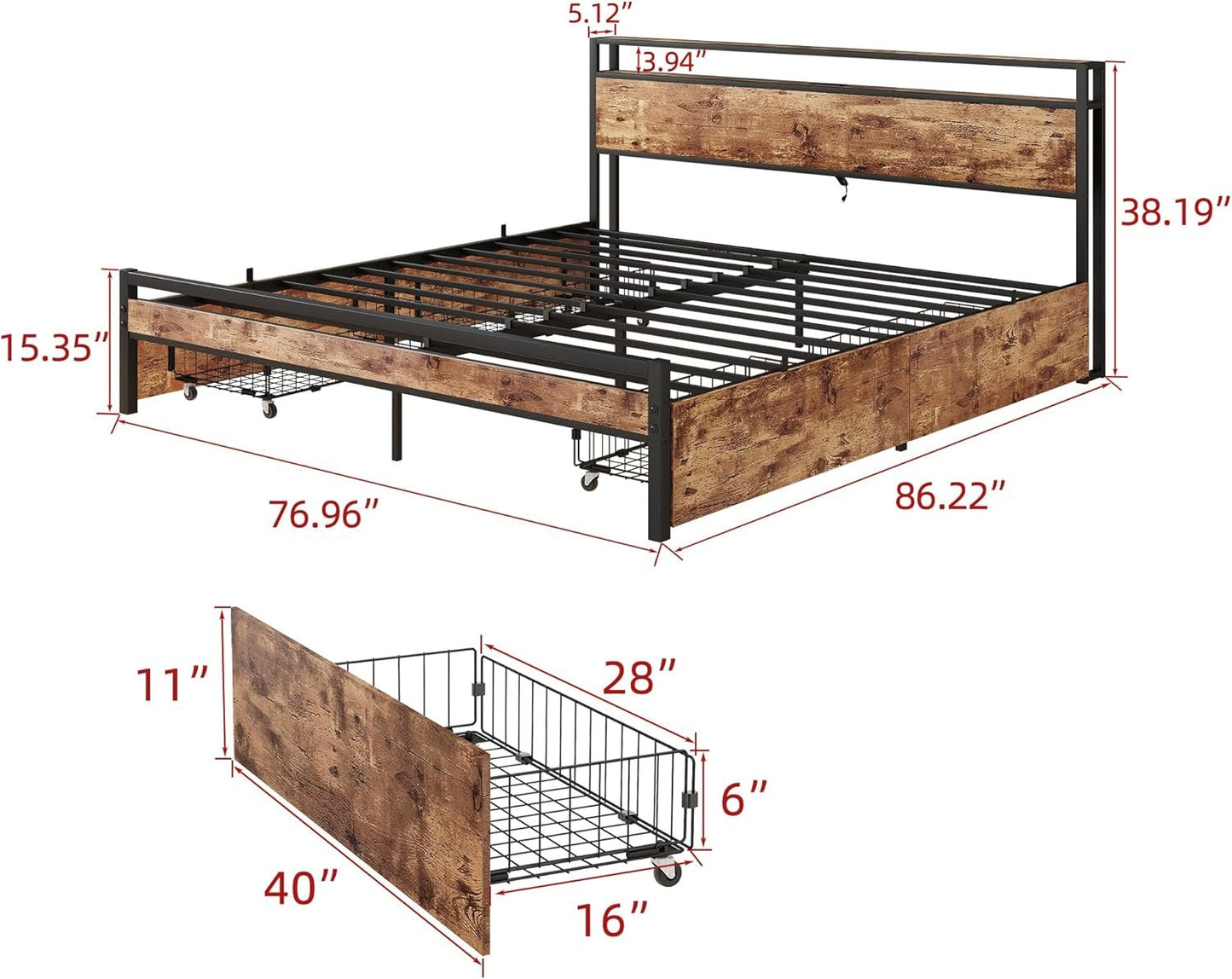 BOFENG Black King Size Bed Frame with 2-Tier Storage Headboard and Power Outlets,Charging Station,Platform Bed Frame King Size with 4 Storage Drawers,No Box Spring Needed,Sturdy and Noise Free,Brown