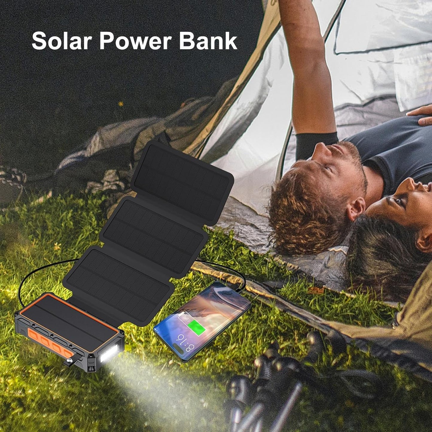 Solar Battery Power Bank– Portable Power Bank Panel, USB Output LED Light | 20000 mAh Waterproof Solar Charging Station, LED Flashlight Power Brick for Camping Hiking Travel Emergenccy Outdoor