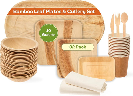 Natural Panaa 92-Piece Biodegradable Party Set for 10 Guest - Mother Nature's Choice for Bamboo Plates and Cups | 100% Compostable Disposable Plates & Cutlery