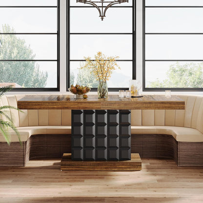 Tribesigns 63'' Dining Table for 4-6, Farmhouse Wooden Rectangular Dinner Table with Geometric Relief, Pedestal Base (Brown and Black)