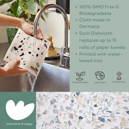 EKOH Swedish Dishcloths for Kitchen Eco Dish Cloths 2 Pack Terrazzo Stone Cleaning Cloths