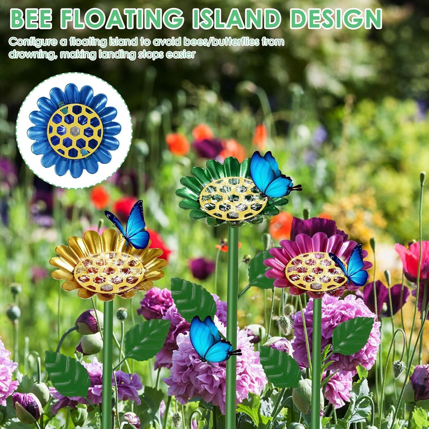 4 Pack Bee Watering Station, Metal Bee Cups for Garden, Flower Shape Butterfly Bath Bowl, Bee Water Feeder Catcher Cup, Solid Pollinator Watering Stake Decor Set for Feeding Outdoor Garden