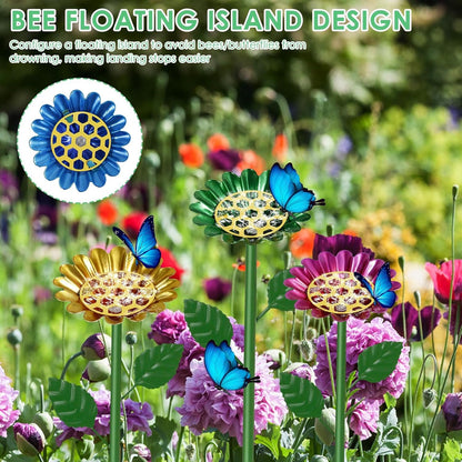 4 Pack Bee Watering Station, Metal Bee Cups for Garden, Flower Shape Butterfly Bath Bowl, Bee Water Feeder Catcher Cup, Solid Pollinator Watering Stake Decor Set for Feeding Outdoor Garden