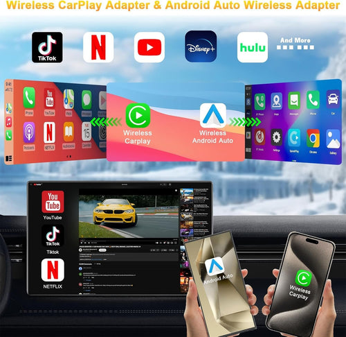 4-in-1 Wireless CarPlay Adapter Support Netflix/YouTube/TF Card, Android Auto & Carplay Adapter with USB-A & USB-C Cables, Convert Wired to Wireless Apple Dongle, Video Box Car Game for iOS 10+