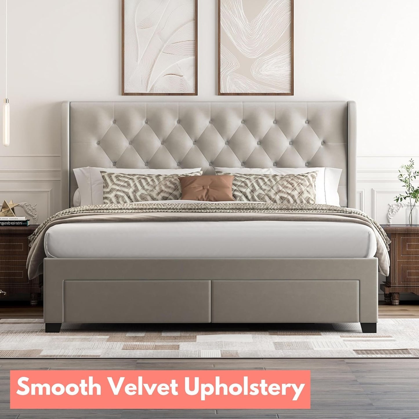 Brittany Queen Bed Frame with 4 Storage Drawers/Platform Bed/Upholstered/Tufted/No Box Spring Required/Wood Slat Support (Velvet, Light Grey)